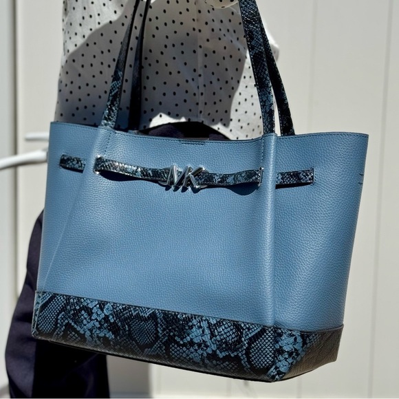 Michael Kors Reed Large Tote Bag Denim Snakeskin Blue